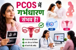 PCOS से पीड़ित महिला, IVF और IUI उपचार विकल्प, डॉक्टर परामर्श और सफल प्रेगनेंसी की उम्मीद दर्शाती फीचर्ड इमेज