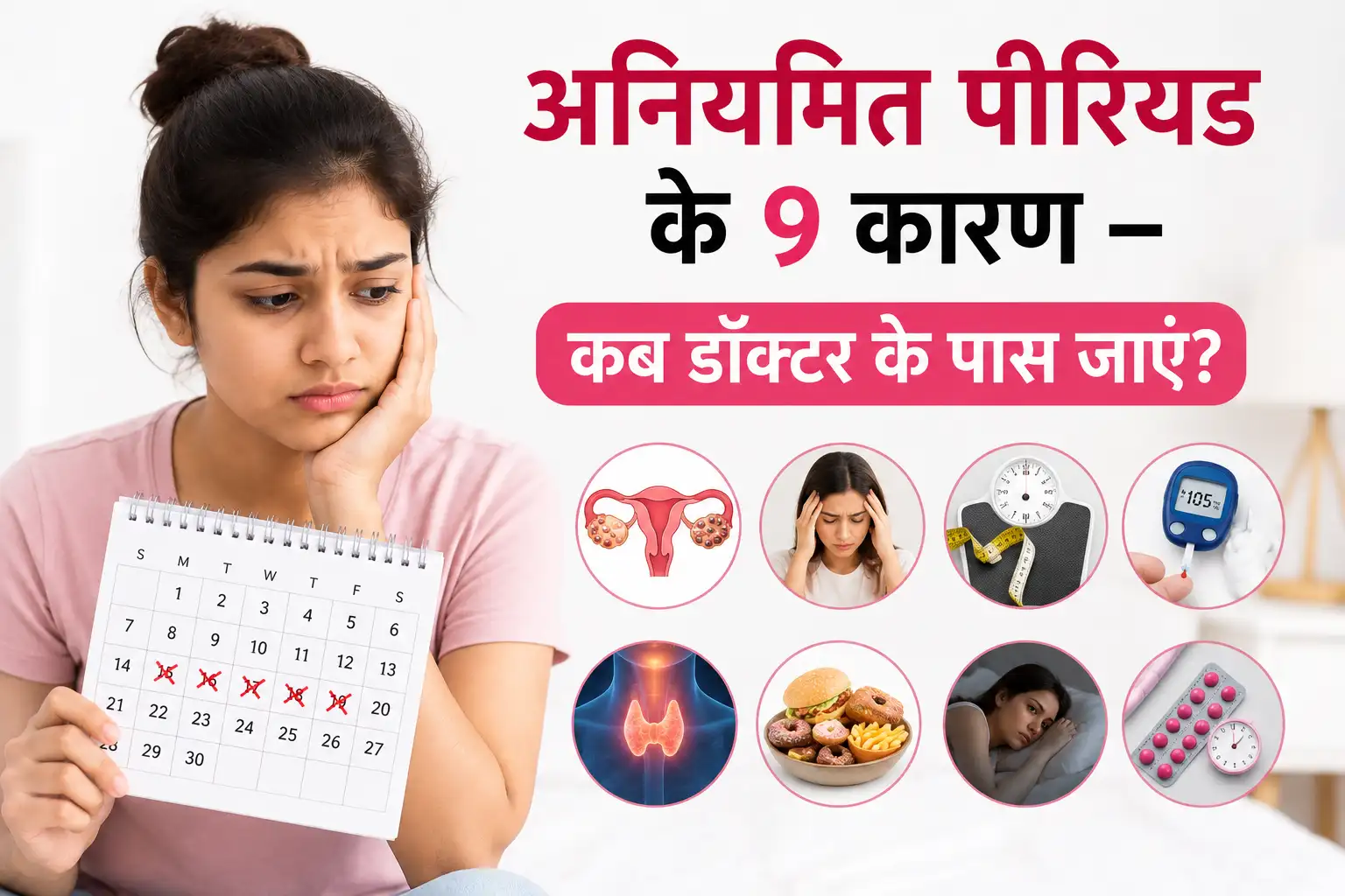 अनियमित पीरियड से परेशान महिला कैलेंडर पकड़े हुए, साथ में हार्मोनल असंतुलन, PCOS, थायरॉइड, वजन, तनाव और अन्य कारणों को दर्शाता चित्र