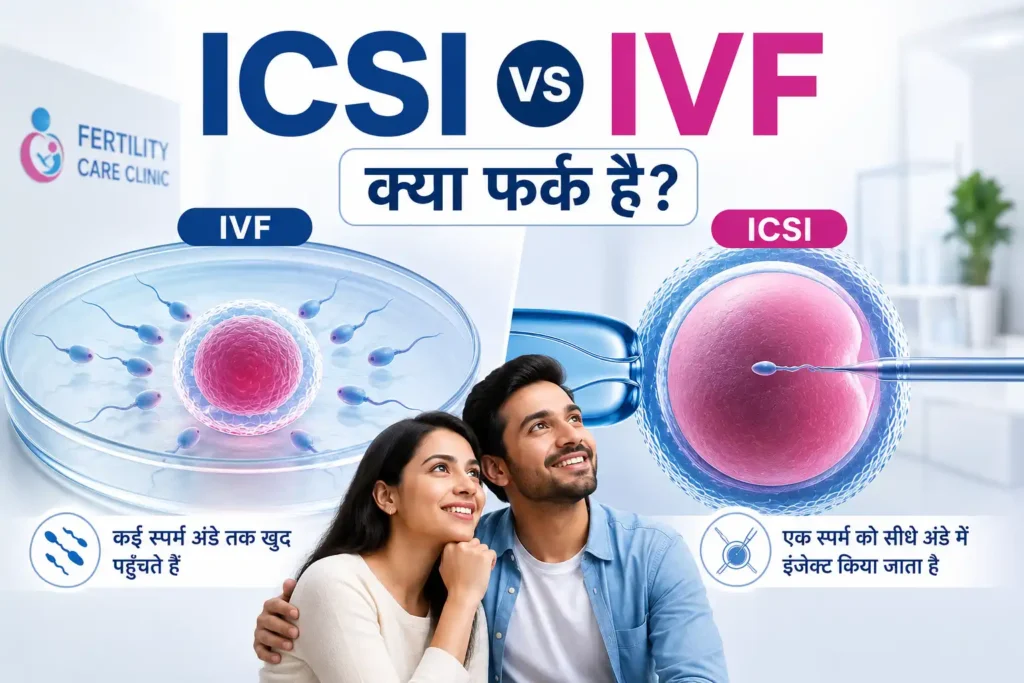 ICSI और IVF के बीच अंतर दिखाती मेडिकल इमेज, जिसमें बाईं ओर IVF में कई स्पर्म अंडे तक पहुंचते हुए दिखाए गए हैं और दाईं ओर ICSI में एक स्पर्म को सीधे अंडे में इंजेक्ट करते हुए दिखाया गया है। नीचे एक खुश दंपति और आधुनिक फर्टिलिटी क्लिनिक का दृश्य है।