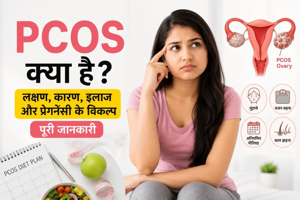 PCOS से जुड़ी समस्याओं को लेकर चिंतित एक महिला दिखाई गई है। साथ में महिला प्रजनन तंत्र (Ovaries), अनियमित पीरियड, वजन बढ़ना, मुंहासे और बाल झड़ने जैसे PCOS के प्रमुख लक्षणों को दर्शाने वाले मेडिकल आइकन मौजूद हैं।