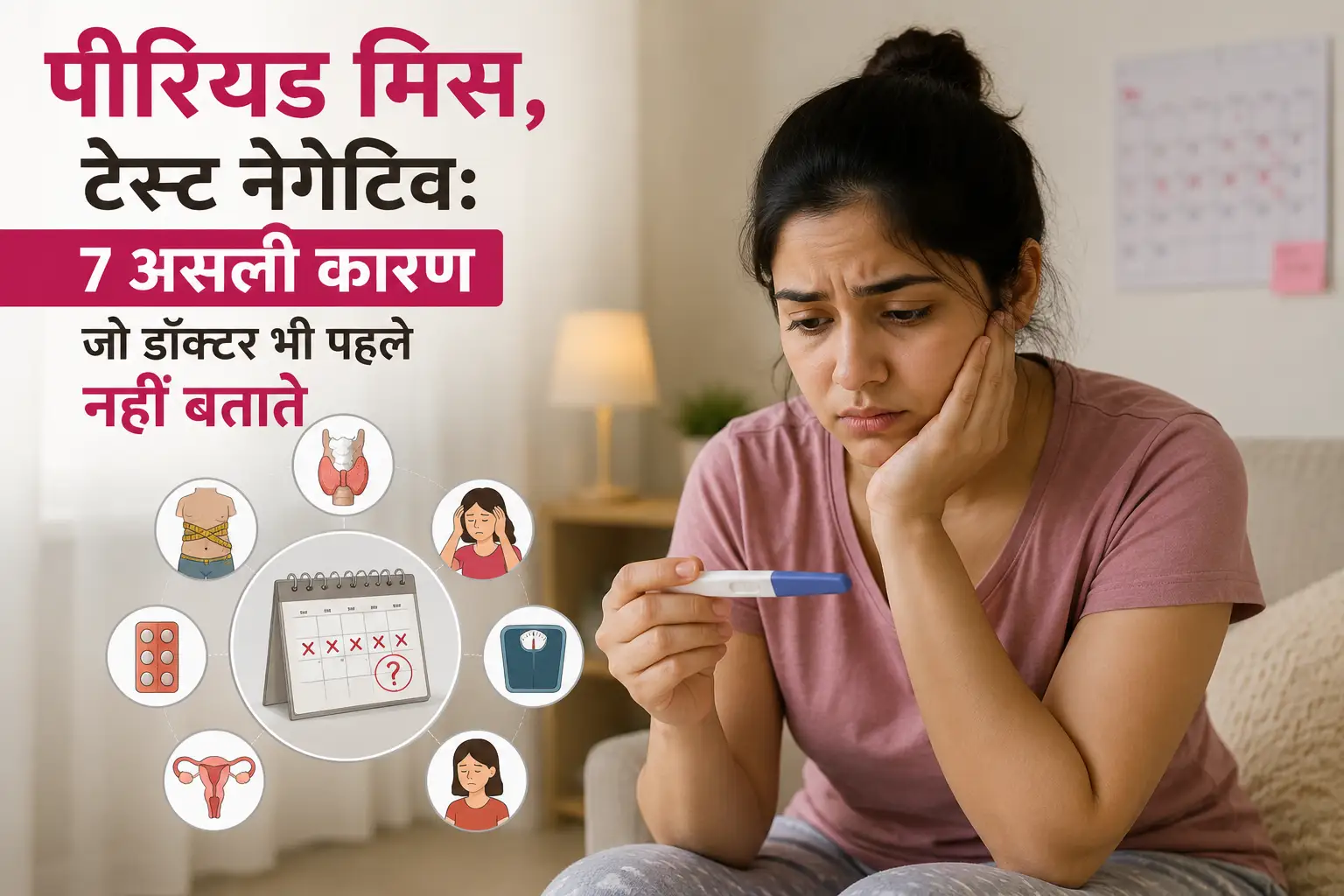 एक महिला उदास बैठी है, और उसके सामने एक टेबल पर कैलेंडर और पानी का गिलास है। पास में एक नकारात्मक गर्भावस्था परीक्षण है। हिंदी टेक्स्ट में लिखा है: “पीरियड मिस, टेस्ट नेगेटिव: 7 असली कारण जो डॉक्टर भी नहीं बताते,” और एक नोट पर "PCOS? तनाव? क्या है वजह?" लिखा है।