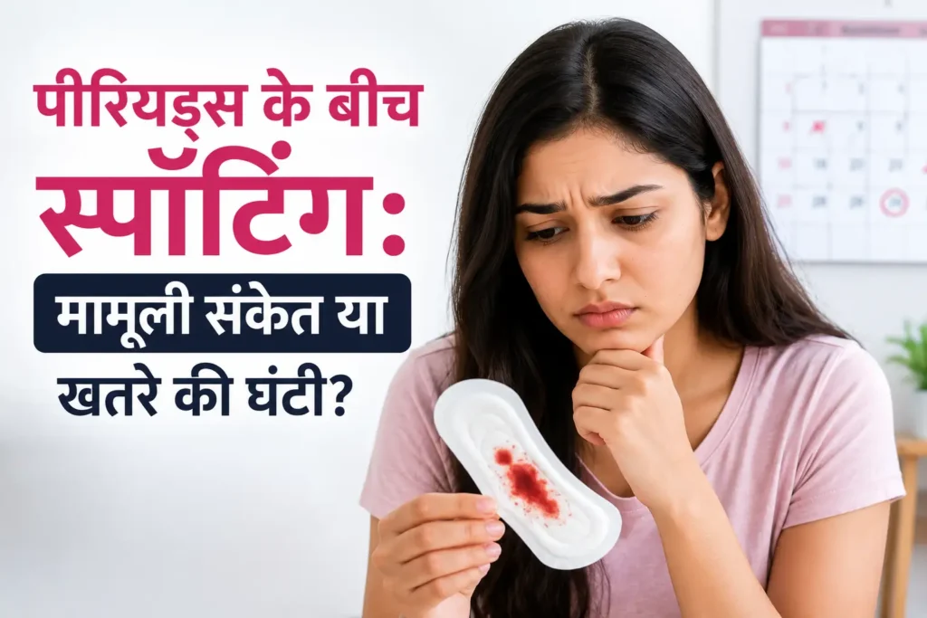 पीरियड्स के बीच स्पॉटिंग को लेकर चिंतित एक महिला हाथ में रक्त के धब्बे वाला सैनिटरी पैड पकड़े हुए है। यह तस्वीर असामान्य ब्लीडिंग और उसके संभावित कारणों के बारे में जागरूकता दर्शाती है।