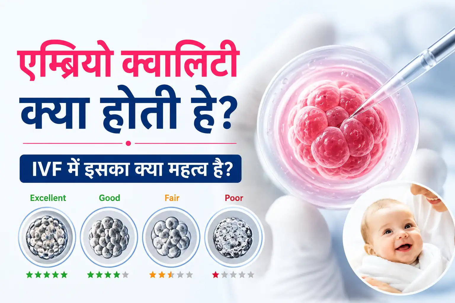 IVF लैब में विकसित एम्ब्रियो की क्वालिटी और ग्रेडिंग को दर्शाता चित्र, जिसमें एम्ब्रियो विकास और स्वस्थ शिशु का संकेत दिखाया गया है।