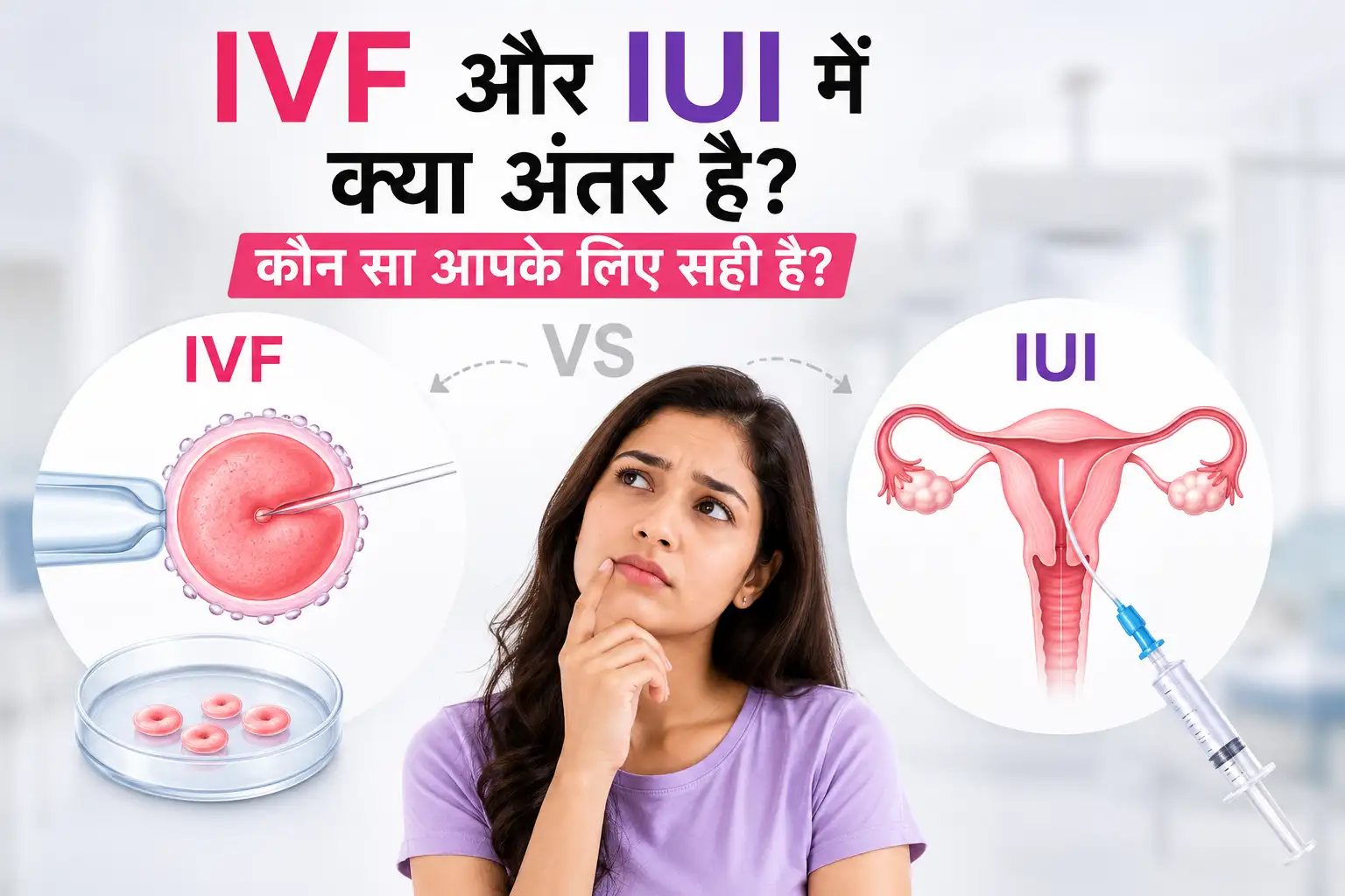 IVF और IUI उपचार की तुलना दर्शाती एक फीचर्ड इमेज, जिसमें एक महिला दोनों विकल्पों पर विचार करती हुई दिखाई दे रही है। एक तरफ IVF में लैब में निषेचन की प्रक्रिया और दूसरी तरफ IUI में गर्भाशय के अंदर शुक्राणु डालने की प्रक्रिया दिखाई गई है।