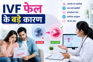 IVF फेल होने के प्रमुख कारणों को दर्शाती फीचर्ड इमेज, जिसमें एक चिंतित दंपति IVF रिपोर्ट देख रहा है, डॉक्टर अगले उपचार की सलाह दे रही हैं और बीच में असफल तथा सफल भ्रूण विकास की तुलना दिखाई गई है।