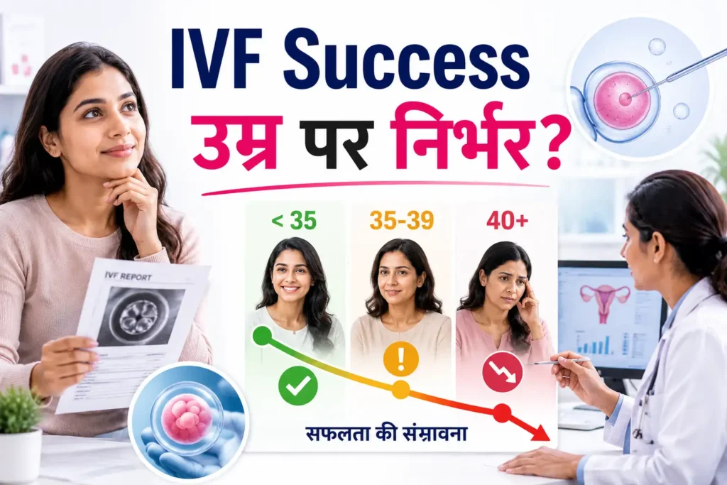 IVF सफलता पर उम्र के प्रभाव को दर्शाती फीचर्ड इमेज, जिसमें अलग-अलग आयु वर्ग, IVF प्रक्रिया, डॉक्टर परामर्श और सफलता की संभावना दिखाई गई है।