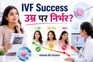 IVF सफलता पर उम्र के प्रभाव को दर्शाती फीचर्ड इमेज, जिसमें अलग-अलग आयु वर्ग, IVF प्रक्रिया, डॉक्टर परामर्श और सफलता की संभावना दिखाई गई है।