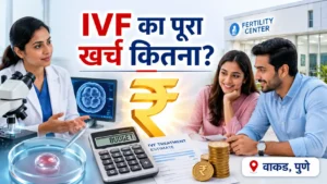 IVF खर्च की जानकारी दिखाता चित्र, डॉक्टर, भ्रूण लैब, कैलकुलेटर और दंपत्ति के साथ