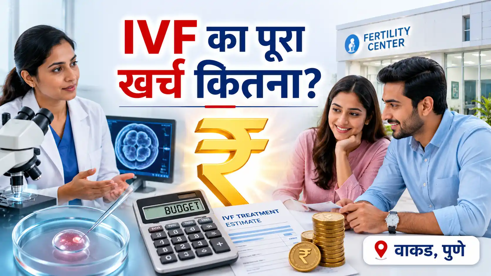 IVF खर्च की जानकारी दिखाता चित्र, डॉक्टर, भ्रूण लैब, कैलकुलेटर और दंपत्ति के साथ