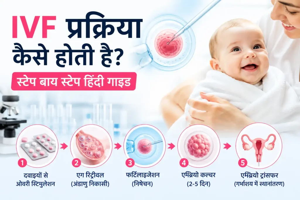 IVF प्रक्रिया के चरणों को दर्शाता चित्र जिसमें ओवरी स्टिमुलेशन, एग रिट्रीवल, फर्टिलाइजेशन, एम्ब्रियो कल्चर और एम्ब्रियो ट्रांसफर दिखाया गया है।