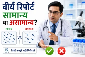 वीर्य विश्लेषण रिपोर्ट को समझाते हुए डॉक्टर, सामान्य और असामान्य शुक्राणुओं की तुलना तथा लैब परीक्षण दर्शाती फीचर्ड इमेज।