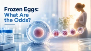 Frozen eggs developing through IVF toward an embryo and possible pregnancy