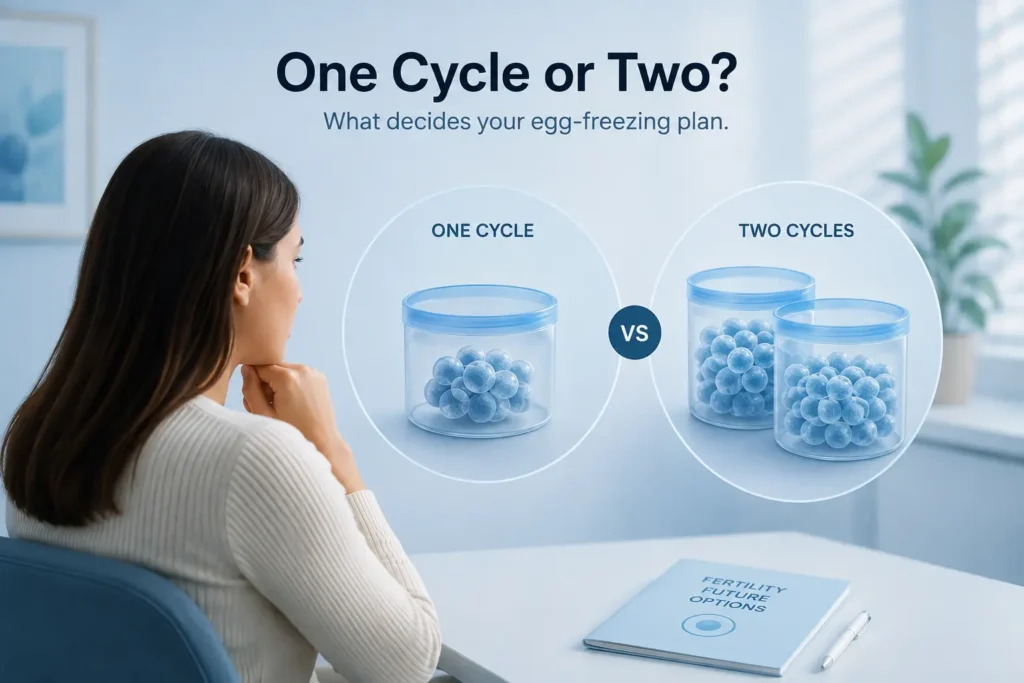 One cycle or two egg-freezing options shown with frozen eggs and a woman considering her fertility plan