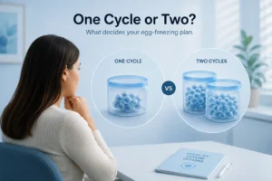 One cycle or two egg-freezing options shown with frozen eggs and a woman considering her fertility plan