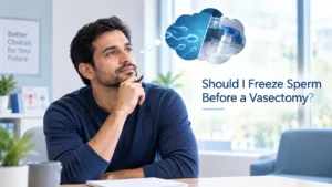 Man considering sperm freezing before a vasectomy at a fertility clinic